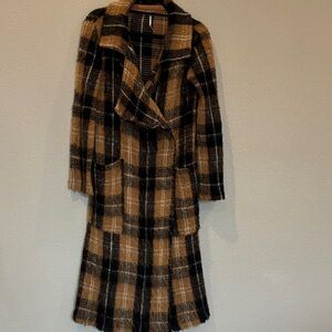 Free People Plaid Pea Coat in Black and Tan